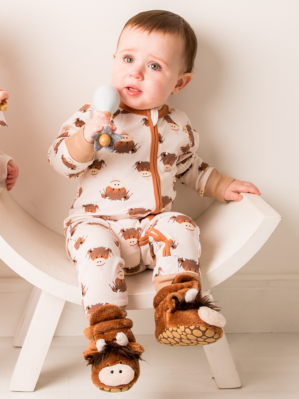 Neutral Highland Cow Zip-Up Romper Jumpsuit
