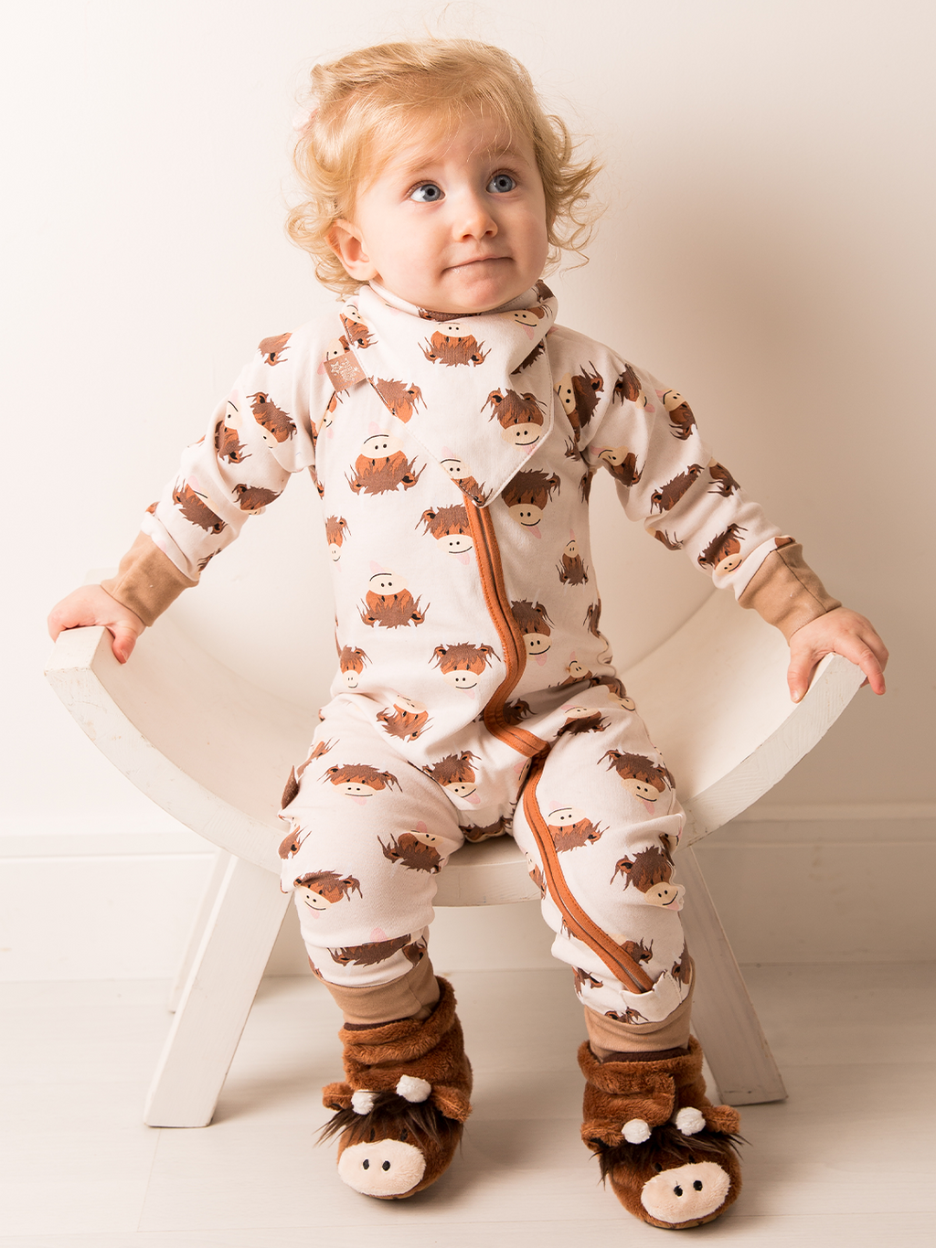 Neutral Highland Cow Zip-Up Romper Jumpsuit