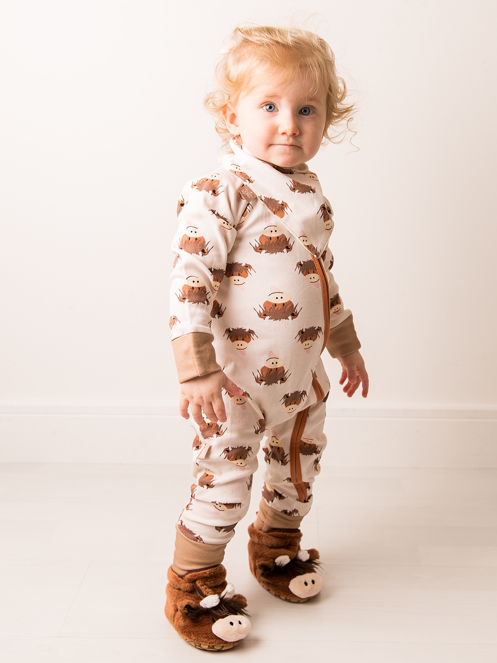 Neutral Highland Cow Zip-Up Romper Jumpsuit