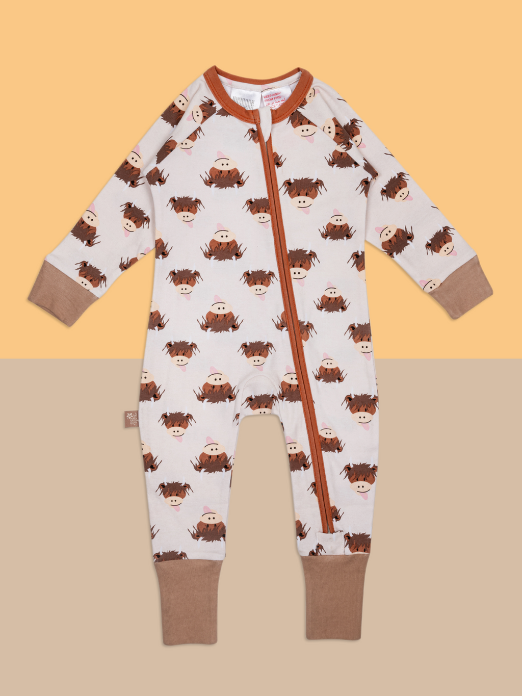Neutral Highland Cow Zip-Up Romper Jumpsuit